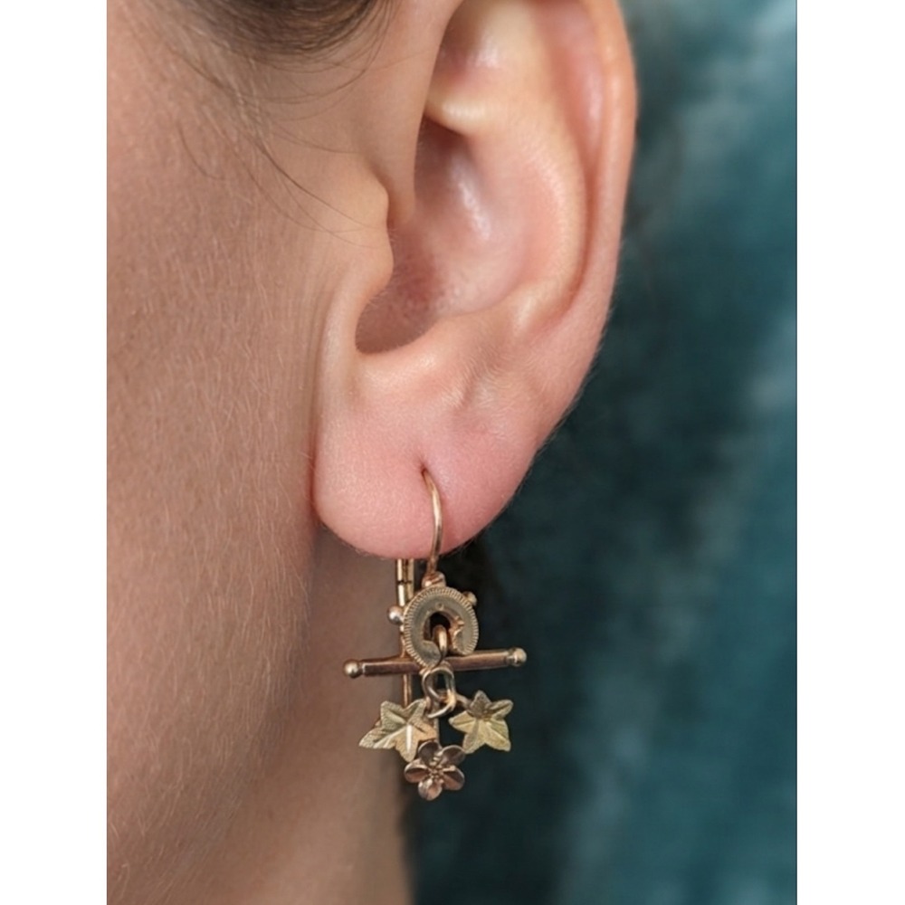 Vintage Multi-Tone Horseshoe & Ivy Drop Earrings